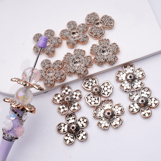 Gold Acrylic Flower Spacer with Large Petals Jewelry Accessory Featuring Clear Rhinestones, Random Mix, Approx. 30MM