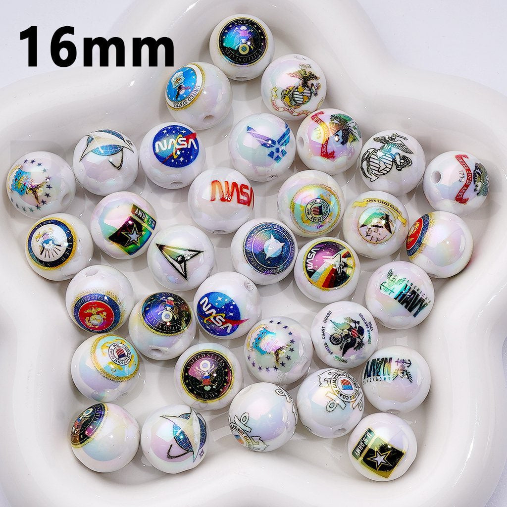 UV Coating Military Logo Acrylic Beads with USA Army, Navy, Air Force, Marines, Space Force & Coast Guard Prints, 16MM, Random Mix