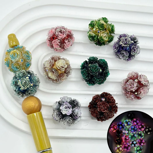 Glittery Flowers in Luminous Dark Colors Series, AB Rhinestones, Round Clay Beads, Random Mix, Around 22MM