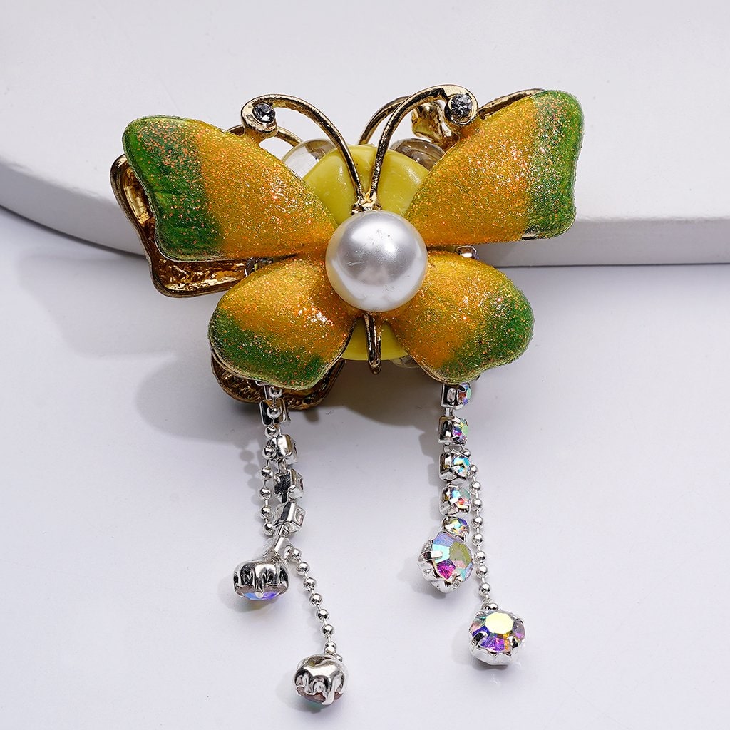 Delicate Fancy Gold Alloy Butterflies with Shiny Rhinestones Chains White Pearls Clay Beads, Around 46*26*26MM