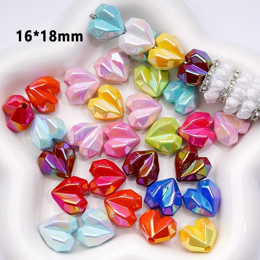 Geometric Heart Acrylic Beads – 16x18MM UV Coated Polyhedron Design, Random Color Mix