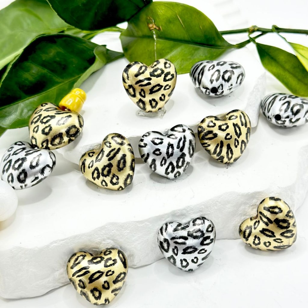 Gold & Silver Metallic Heart Shape with Jaguar Print Acrylic Beads 19*21MM