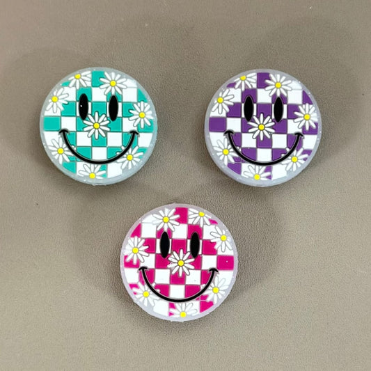 Mini Flower Smile Face Purple-White Square Checkers Round Silicone Focal Beads