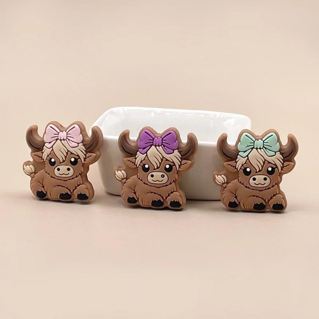 Brown Cow Silicone Beads, Mix of Brown Highland Cow Calves Bowties Silicone Focal Beads