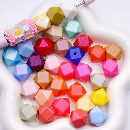 Vibrant Solid-Colored Hexagonal Silicone Beads with Glossy Finish, 14MM, Assorted Mix