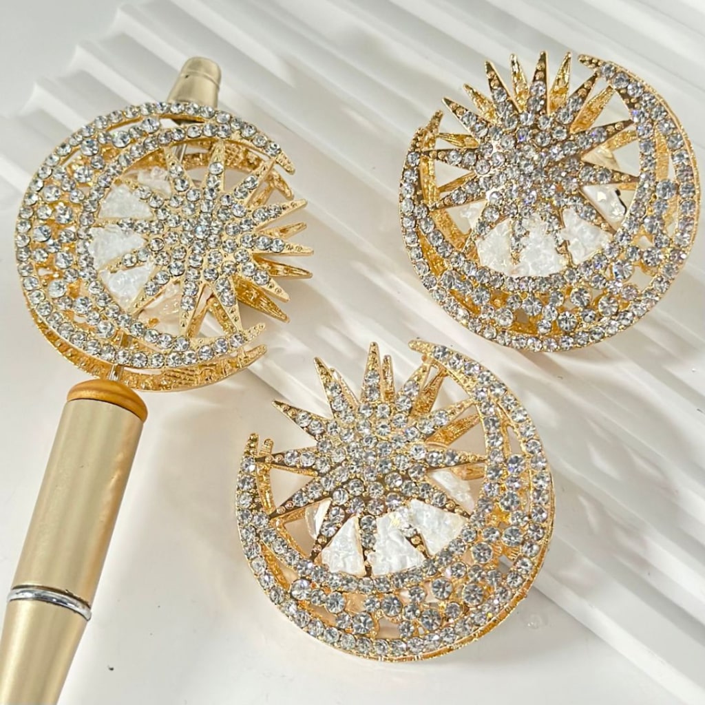 Gold Alloy Delicate Crescent Moon and Sun with Clear Mini Rhinestones, Oval Clear Pearls, and Clay Beads, Around 45*45MM