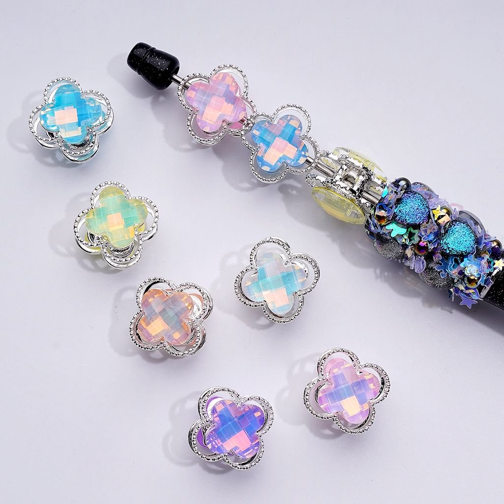Elegant Silver Alloy Quatrefoil Floral Beads Adorned with Vibrant Shimmering Rhinestones, Approximately 16MM