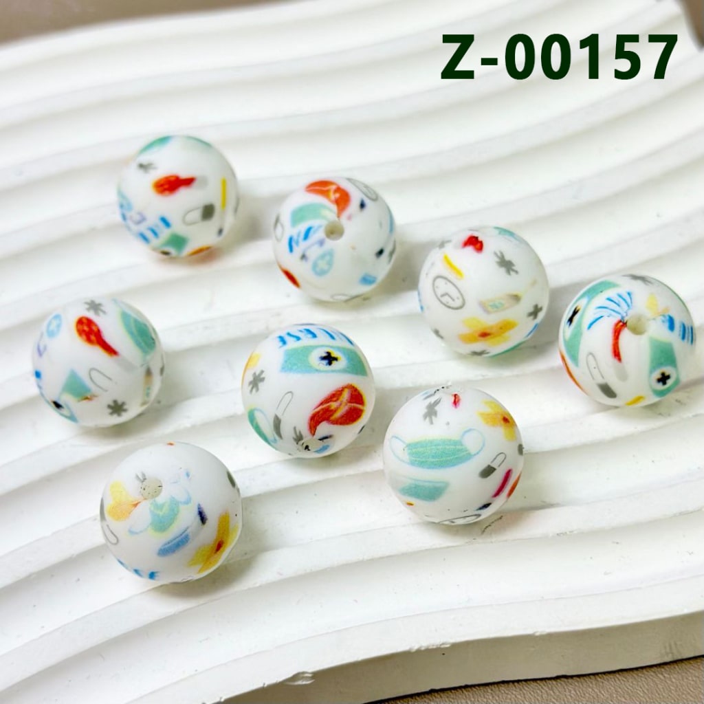 Thermometer Needle Tubing Nurse Doctor Mask Heart Bandaid Capsule Round Printed Silicone Beads 15mm, Number Z-00157