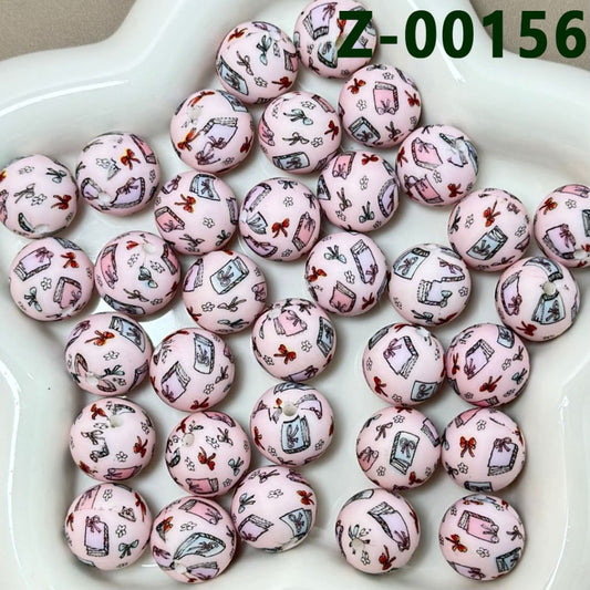 Mini Flowers Pink Round Printed Books Bowknots Silicone Beads 15mm, Number Z-00156