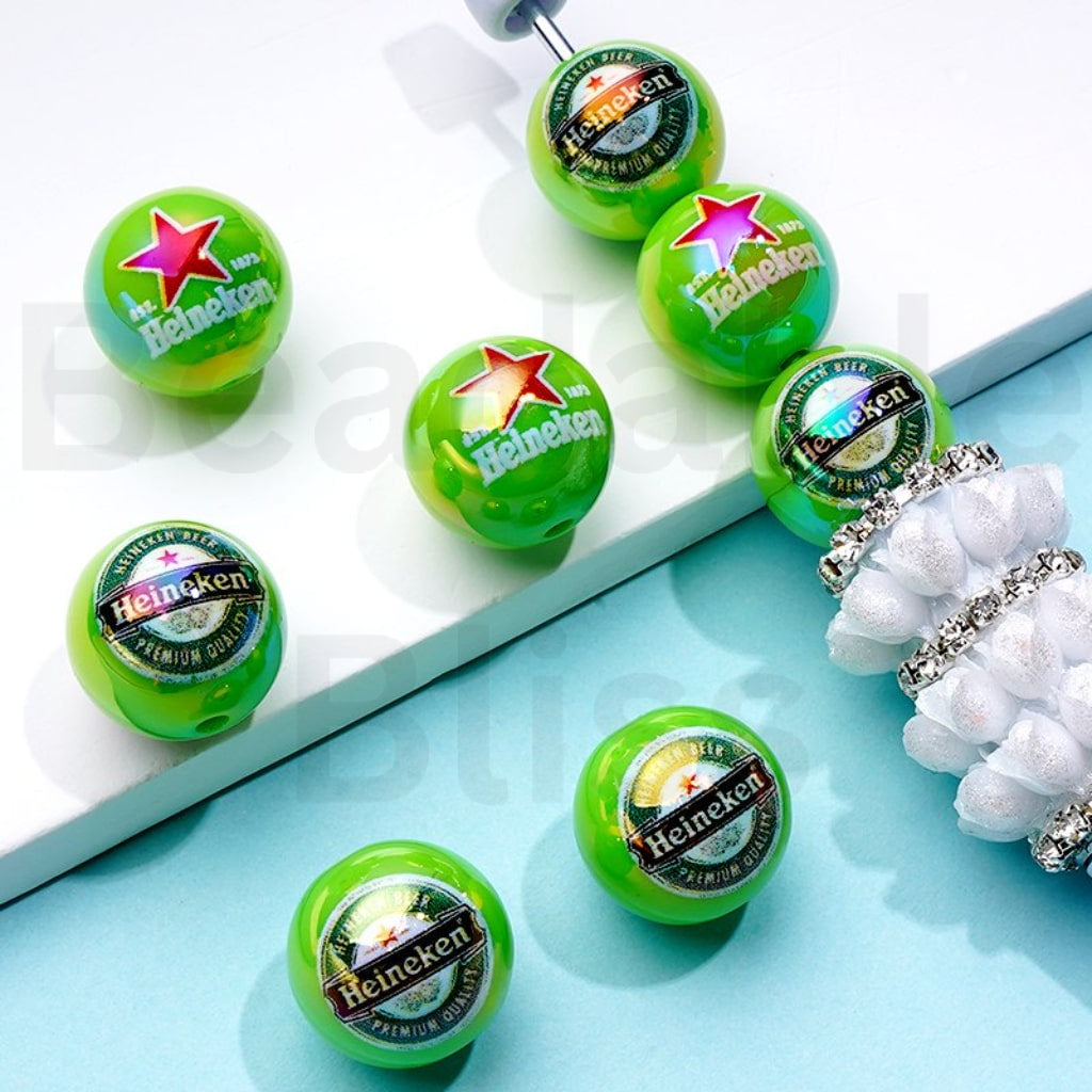 UV Coating Drink Beer Heineke Green Round Acrylic Beads, 16MM, Random Mix