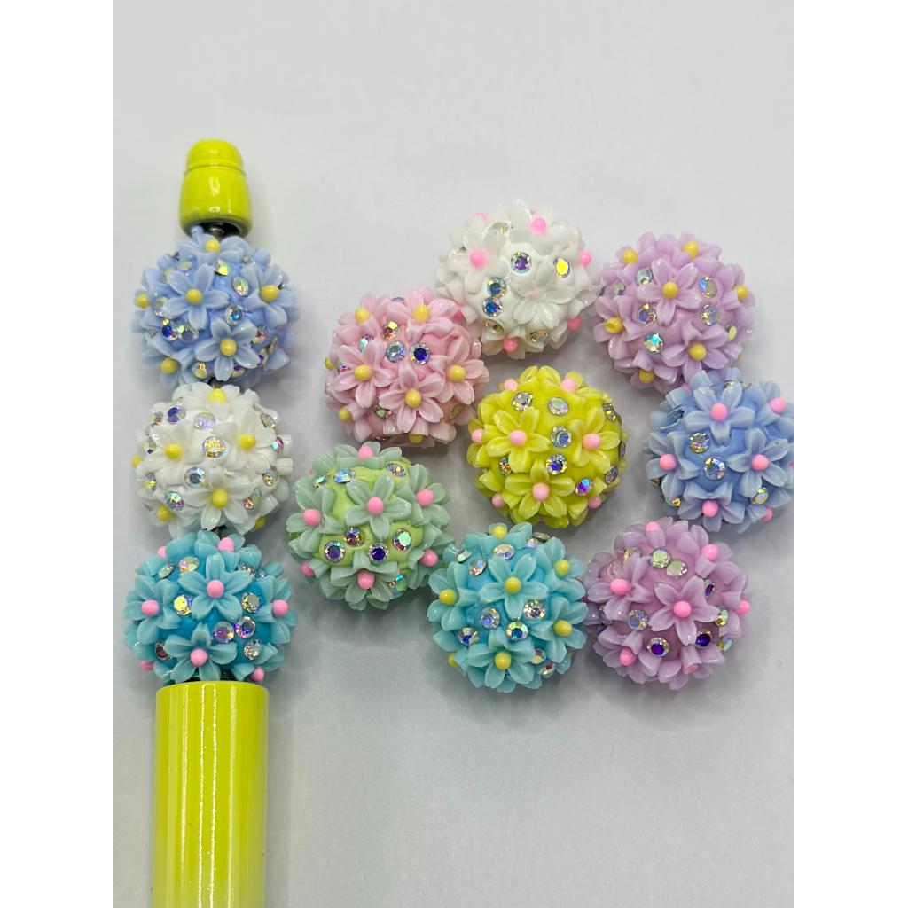 Floral Clay Beads with AB Rhinestones, Yellow Pistil and Flowers 18mm Random Mix