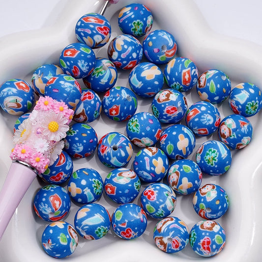 Health Care-Themed Silicone Beads with Nurse Band-Aid, Mask, Medicine Box, Heart Rate, and Thermometer Prints, 15MM, Number Z-00220
