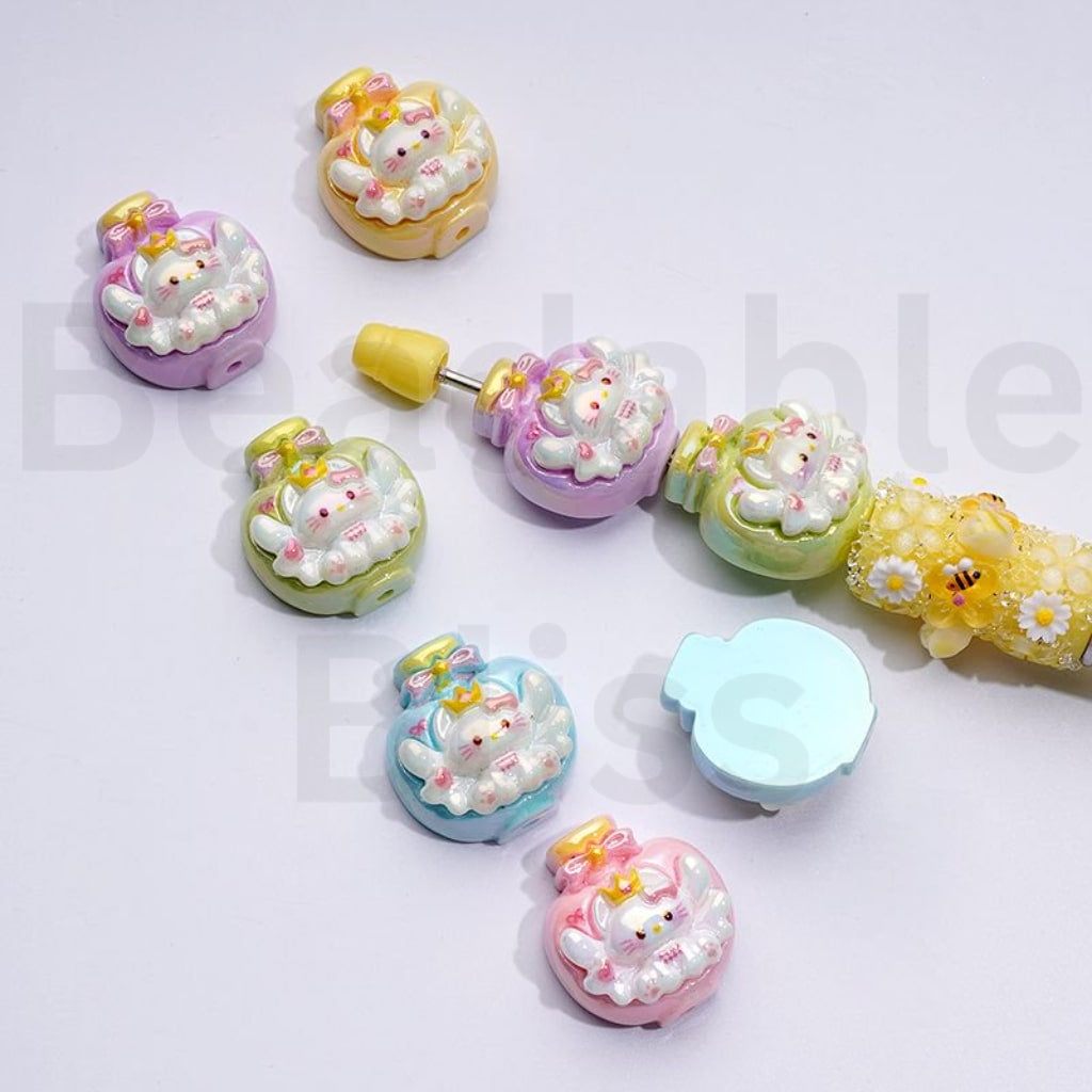 UV Coating Cute Vivid Adorable Cat Character with Angel's Wings Cute Pots with Bowtie Acrylic Beads, Around 24*22MM, Random Mix