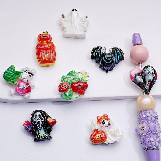 UV Coating Ghost Face Pumpkin Strawberry Black White Ghost Bat Halloween Series Acrylic Beads Mix
