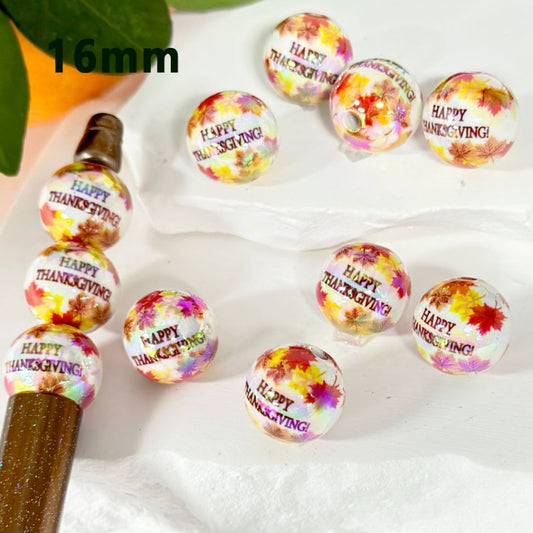 Glossy Happy Thanksgiving Maple Leaf UV Finish Round Acrylic Beads, 16MM