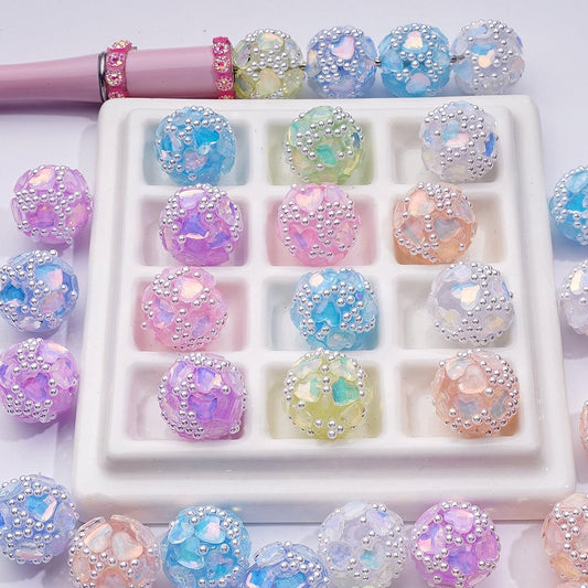Macaron Inspired Acrylic Beads with Pearls, Heart Rhinestones & Glossy Finish Random Color Mix, 16MM