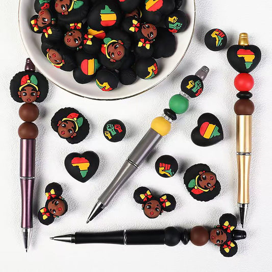 3D Black Girl Heart Round Design Black Series Silicone Focal Beads