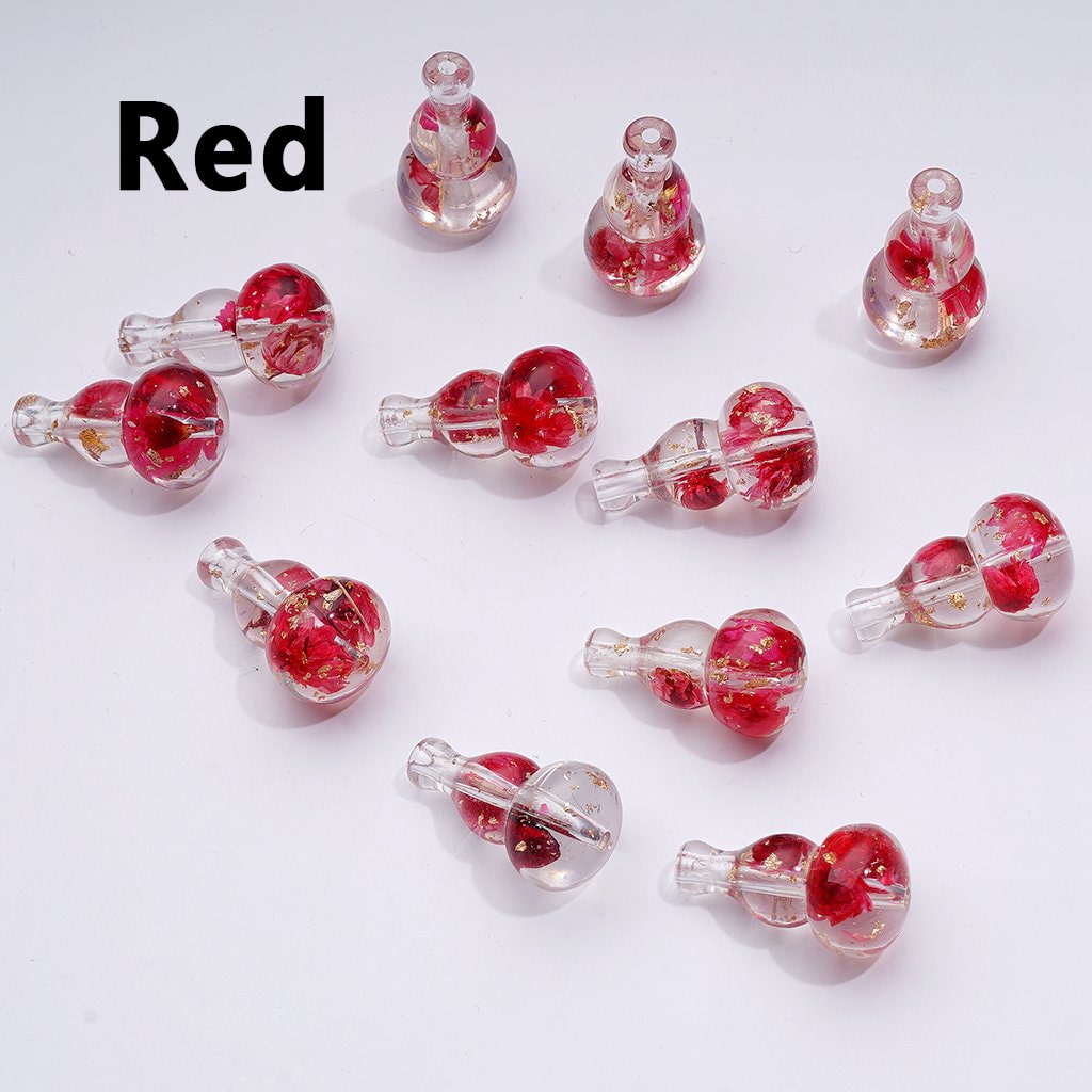 Elegant Clear Gourd-Shaped Acrylic Beads with Mini Gold Foil & Dried Flower Accent, Around 28×16MM