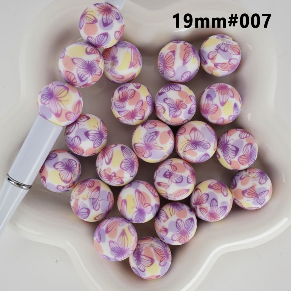 Colorful Round Large Purple Butterfly Printed Silicone Beads 19MM, Number 007