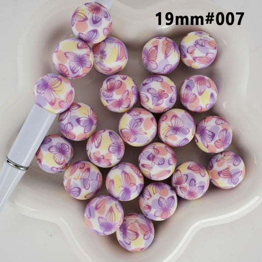 Colorful Round Large Purple Butterfly Printed Silicone Beads 19MM, Number 007