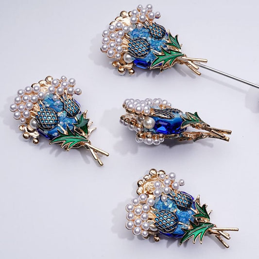 Gold Alloy Bling Bling Flowers with White Pearls Blue Rectangle Rhinestones Clay Beads, Around 56*32MM