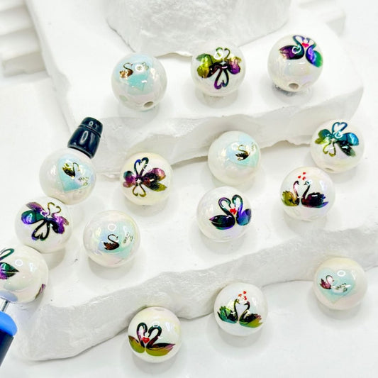 Red Heart Love Between Two Black Swans Valentines White Round UV Finish Acrylic Beads, 16MM
