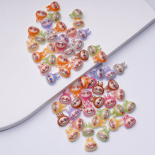 Mini Cute Labub Head Pop Mar Charms with Rhinestones for Jewelry Accessories, Approx. 10x12MM