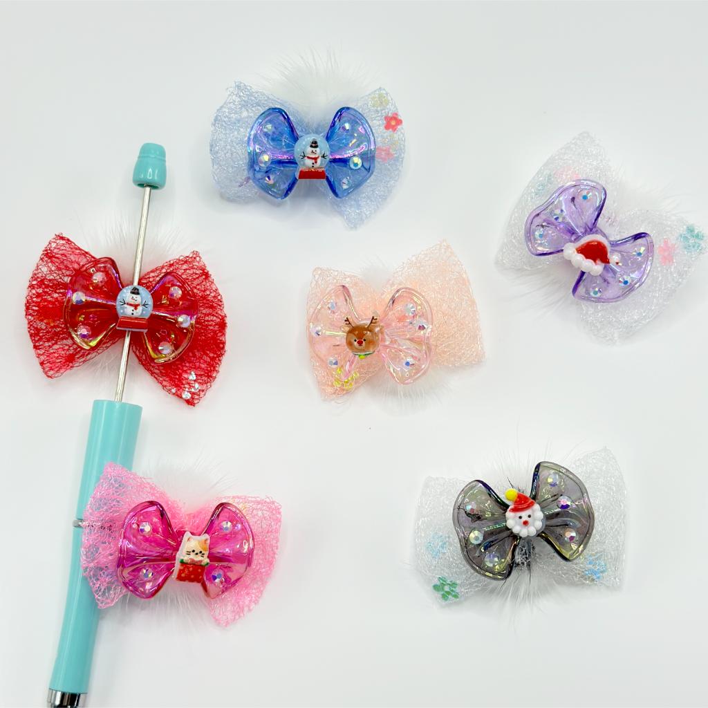 Christmas Theme Lace Rhinestone Small White Fluffy Balls Bowtie Acrylic Beads, Random Mix, Around 50*36MM