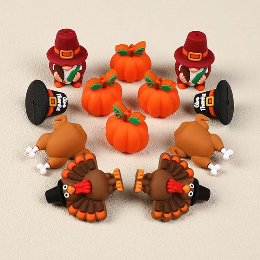 Autumn Harvest Silicone Beads 3D Turkey Gnome & Pumpkin Designs in Random Mix
