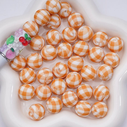 Vibrant 15MM Silicone Beads – Bold Orange Stripes on White Print, Z-00236