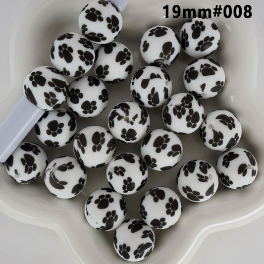 White Round Printed Large Black Paw Prints Silicone Beads 19MM, Number 008