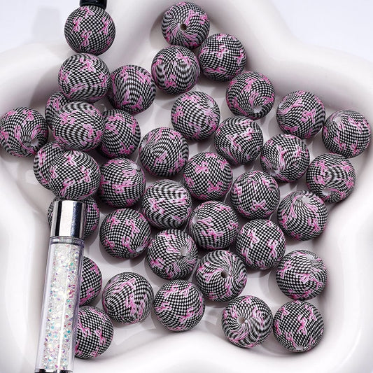 Pink Bowknot Ribbon with Black-White Checkered Print Silicone Beads, 15MM, Number Z-00219