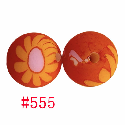 Round Printed Silicone Beads with Orange Yellow Sunflower, 15mm, Number 555