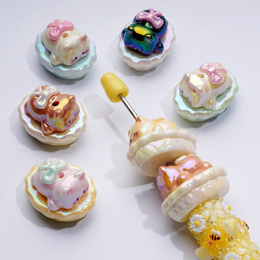 Glossy UV Acrylic Beads with Adorable Bow-Wearing Kitten on Mat, 27x18MM, Assorted Styles