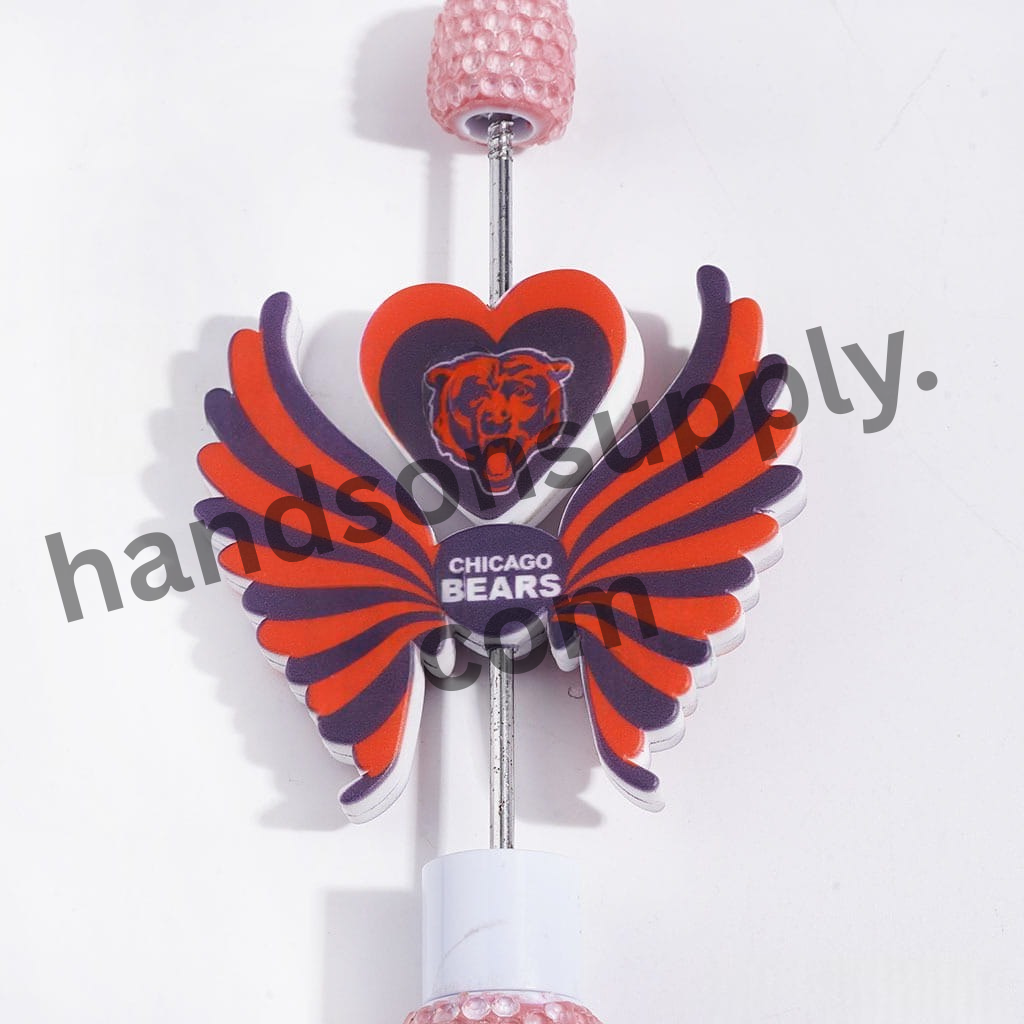 Printed Silicone Focal Beads with Chicago Bears Football Team Design, Heart and Wing Set,40*46MM
