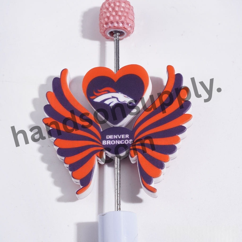 Printed Silicone Focal Beads with Denver Broncos Football Team Design, Heart and Wing Set,40*46MM