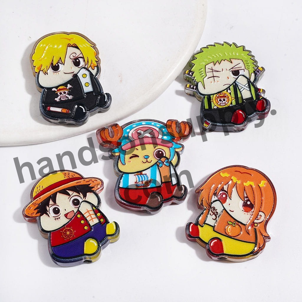 Semi-Clear Acrylic Beads with Japanese Anime Pirate Crew Characters, Assorted Male Character Designs, Random Mix