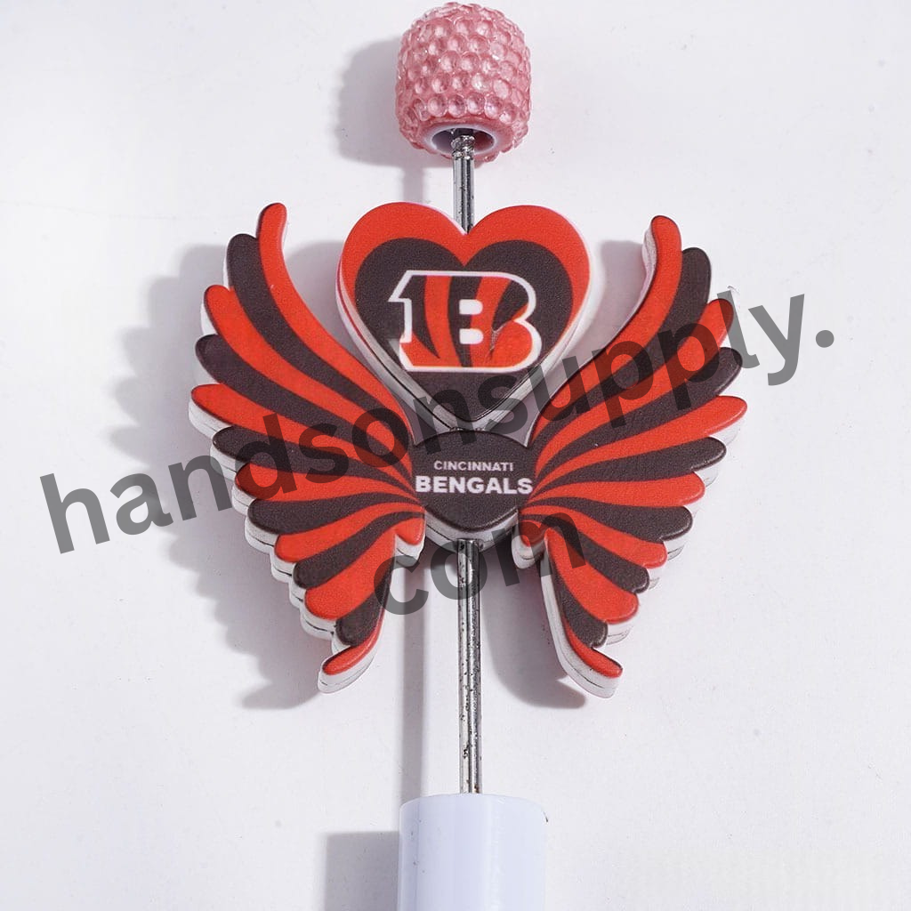 Printed Silicone Focal Beads with Cincinnati Bengals Football Team Design, Heart and Wing Set,40*46MM
