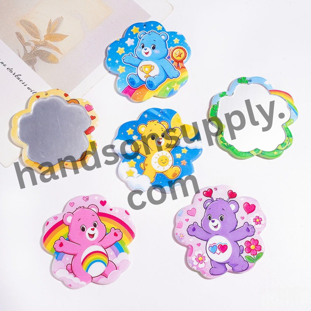 Rainbow Bear Acrylic Flower Mirror Pendants, 52mm DIY Charms for Bag, Keychain & Phone Accessories, Random Mix