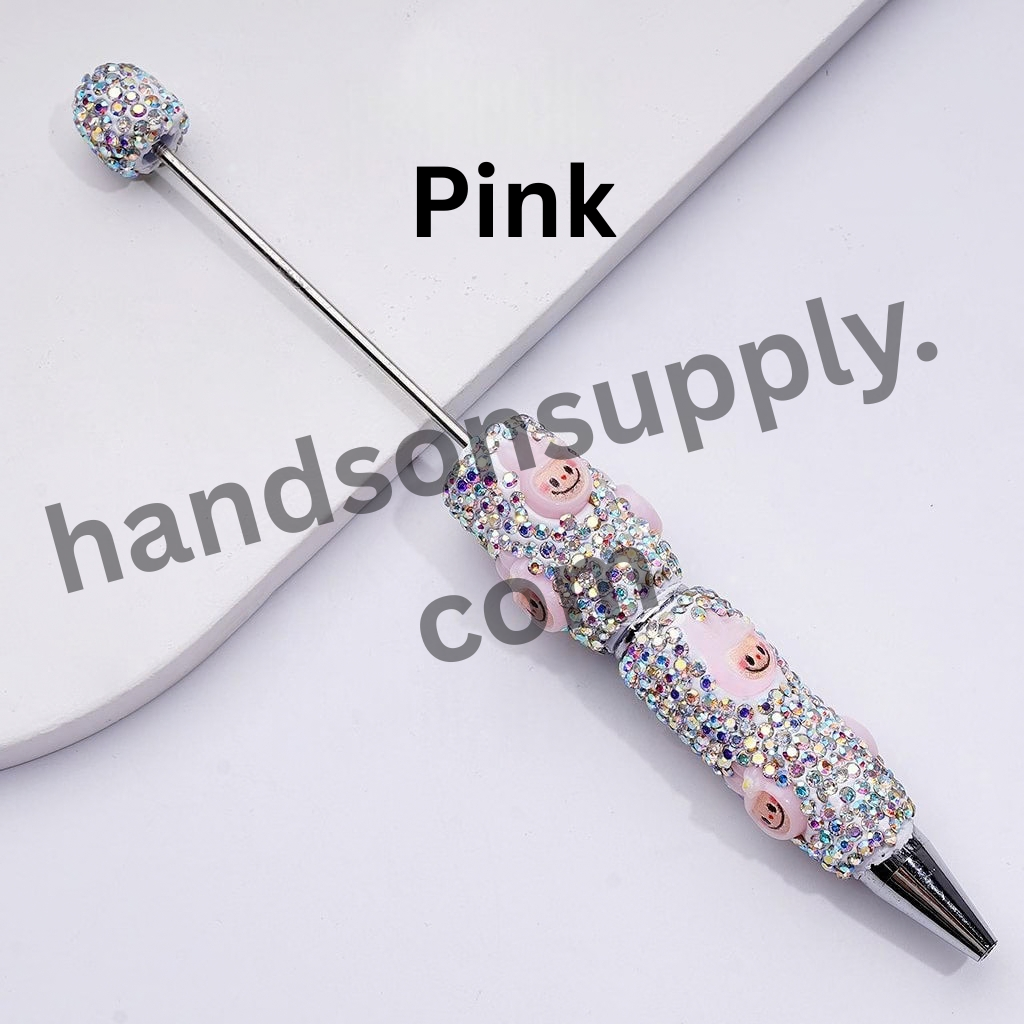 Designer White Beadable Clay Pens with Cute Monster Doll Heads and Full AB Rhinestone Coverage