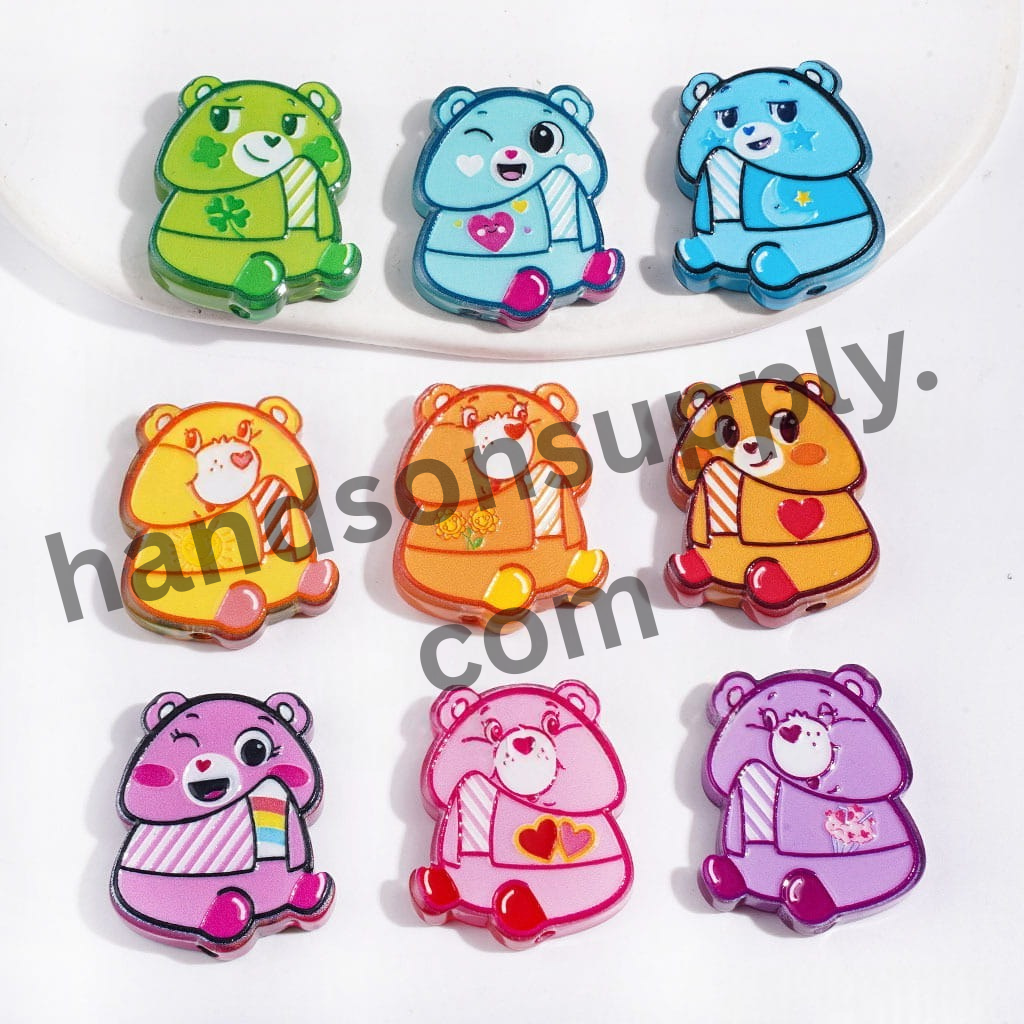 Semi-Clear Acrylic Beads with Rainbow Bear and Striped Tie Designs, Assorted Male Characters, Random Mix