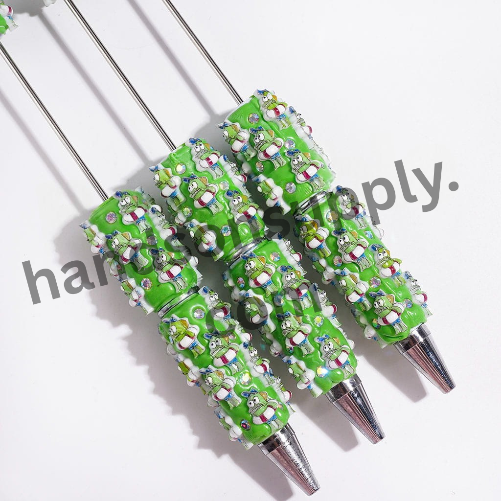 Beadable Clay Pen with Green Fish Wearing a Blue Hat and Swim Ring, AB Rhinestone Accents