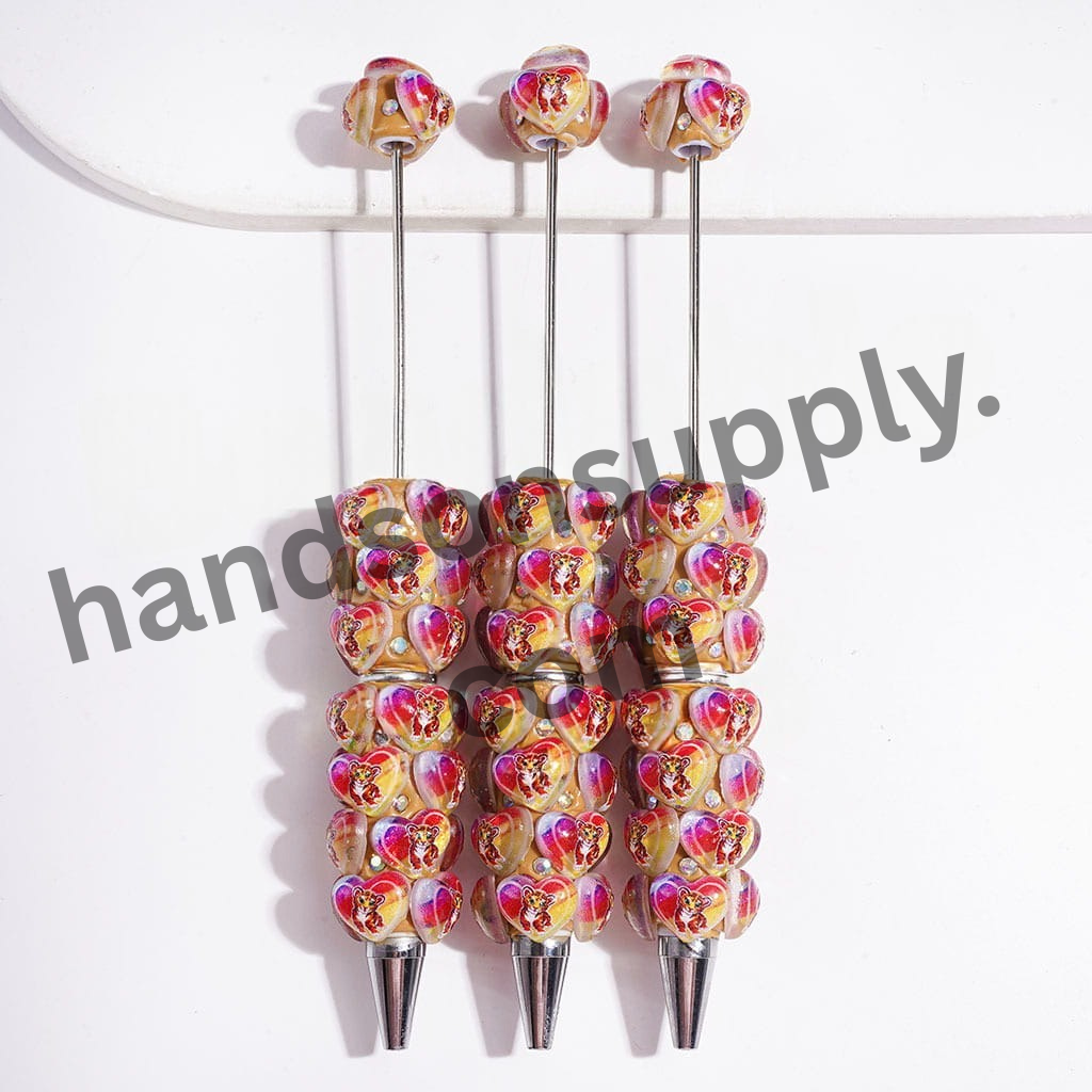 Beadable Clay Pens with Rainbow Heart and Cute Tiger Patterns, AB Rhinestone Accents