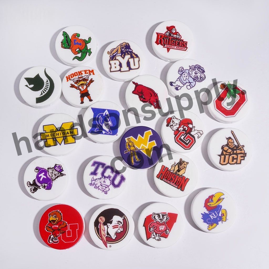 Dynamic USA College Football Team Theme Printed Flat Round Shape Silicone Focal Beads, 28MM, Random Mix