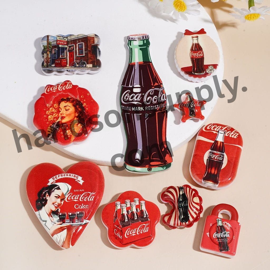 Retro Countryside Soda Bottle & Soft Drink-Themed Printed Acrylic Beads & Pendants, Assorted Shapes, Random Mix