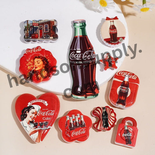 Retro Countryside Soda Bottle & Soft Drink-Themed Printed Acrylic Beads & Pendants, Assorted Shapes, Random Mix