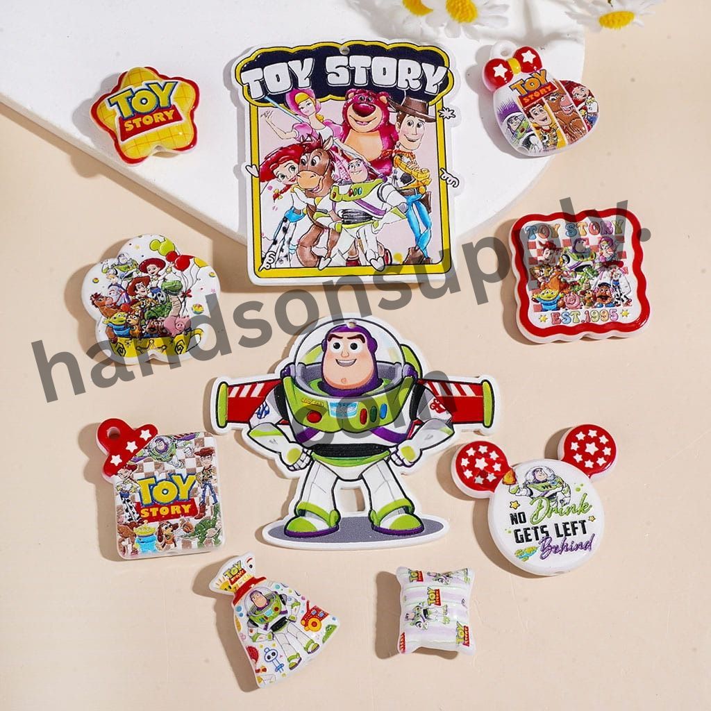 Toy Adventure Character Buzz Lightyear, Woody, Jessie, Lotso & Friends Printed Acrylic Beads & Pendants, Assorted Shapes, Random Mix