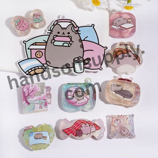 Cute Chubby Tabby Cat Character Lazy Life Series Printed Acrylic Beads & Pendants, Assorted Shapes, Random Mix