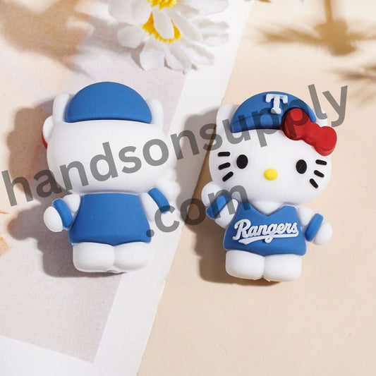 Cute Cat Character Baseball Rangers Theme, Light Blue Sports Jersey Design and Red Row Silicone Focal Beads