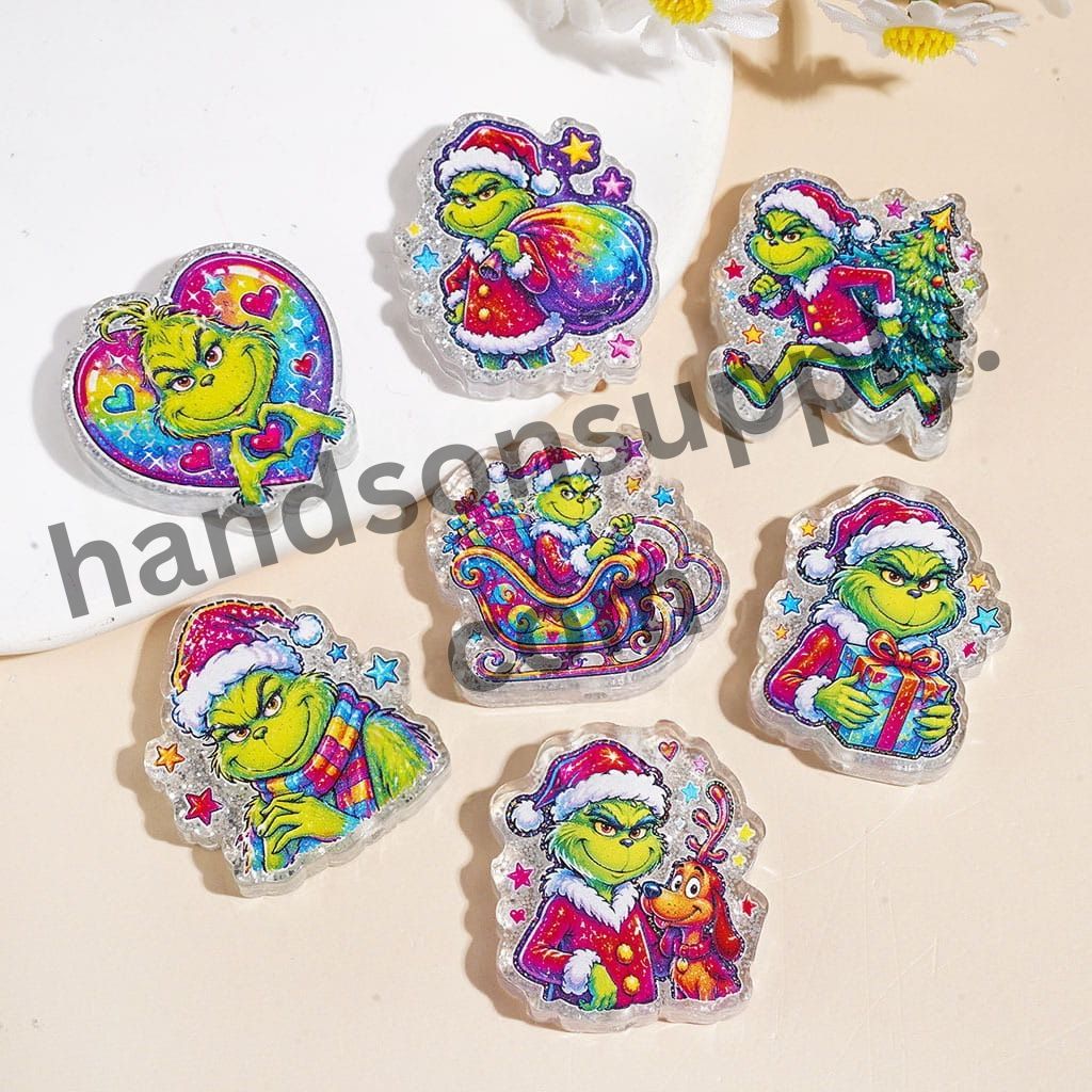 Cute Green Christmas Monster Character Acrylic Beads with Santa Hat, Gift, Sleigh & Reindeer Designs, Glitter Finish, Random Mix